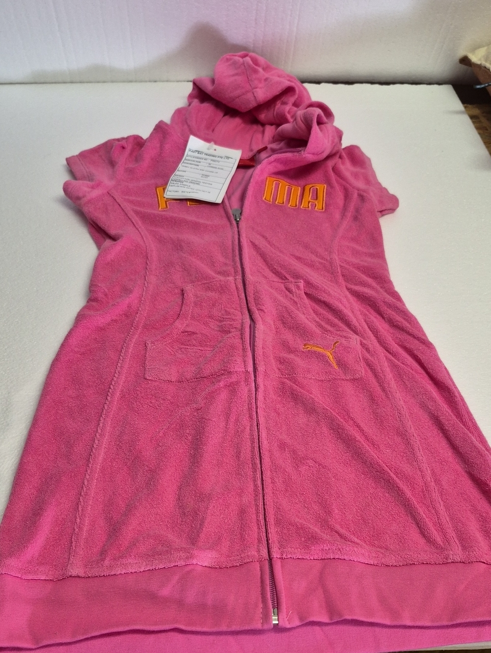 Puma Pink Hooded Terry Zip-Up Short Sleeve Dress Top with Yellow Logo Y2K